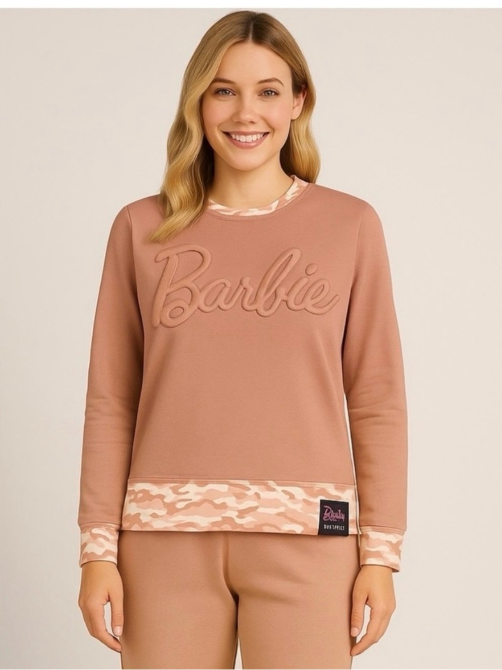 BNWT Barbie Dusty Rose Crewneck Sweatshirt with Camo Trim